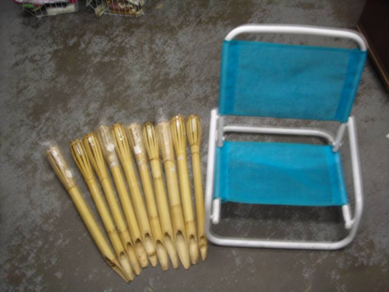 Folding Beach Chair & Tiki Torches