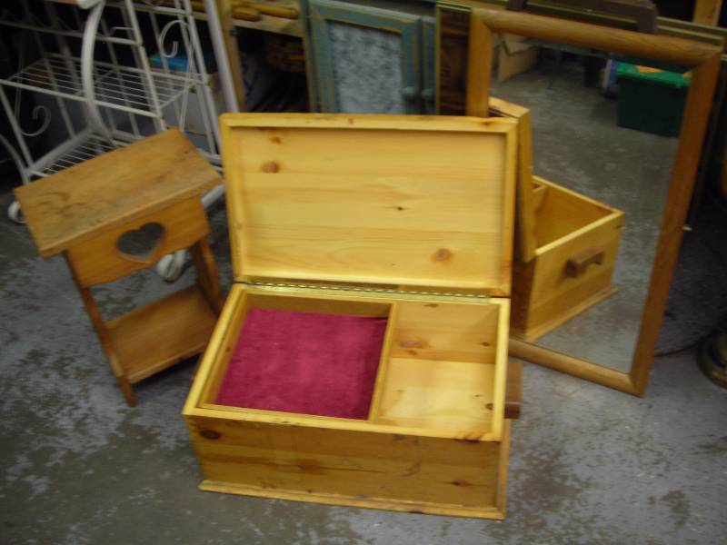 Wood Storage Chest, Small Side Table, Mirror