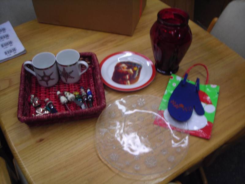 Box Of Holiday Related- Ralph Lauren Snowflake Mugs, Snowman Platter, Spreaders, Collector Ornaments