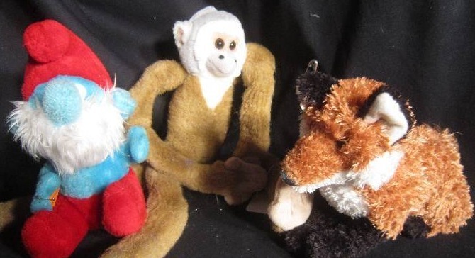Stuffed Animals - Papa Smurf, Monkey, Douglas Fox