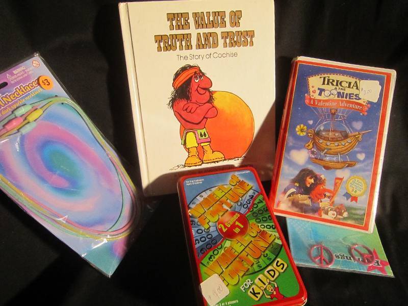 LOT - Peace Earrings, Wheel of Fortune Game, Book, Necklace, VHS