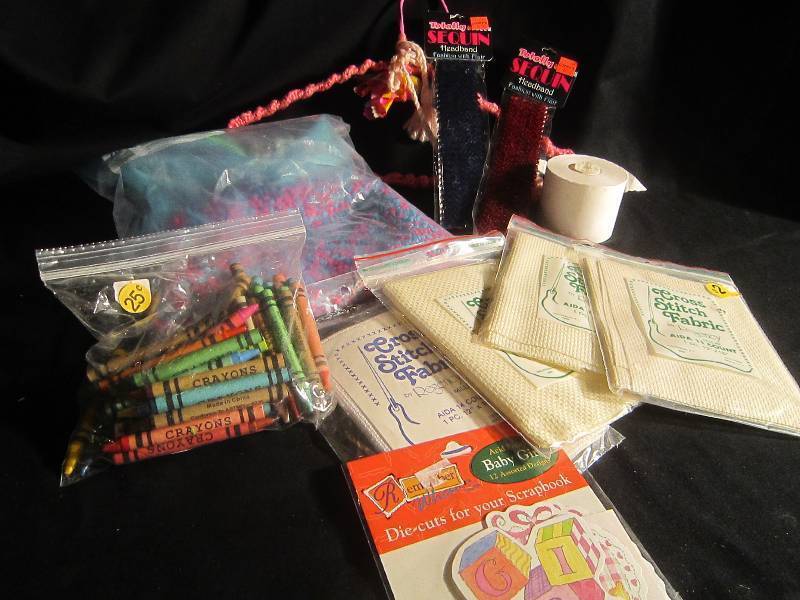 LOT - Sequins Headbands, Crayons, Stones for Crafts, NEW Cross Stitch Fabric