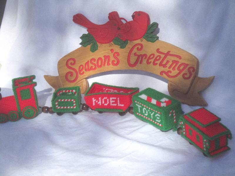 Christmas - Seasons Greeting Sign and Needlepoint Train