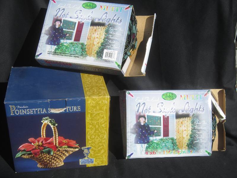 Christmas Lot - 2 Sets of New Lights & Poinsettia Basket