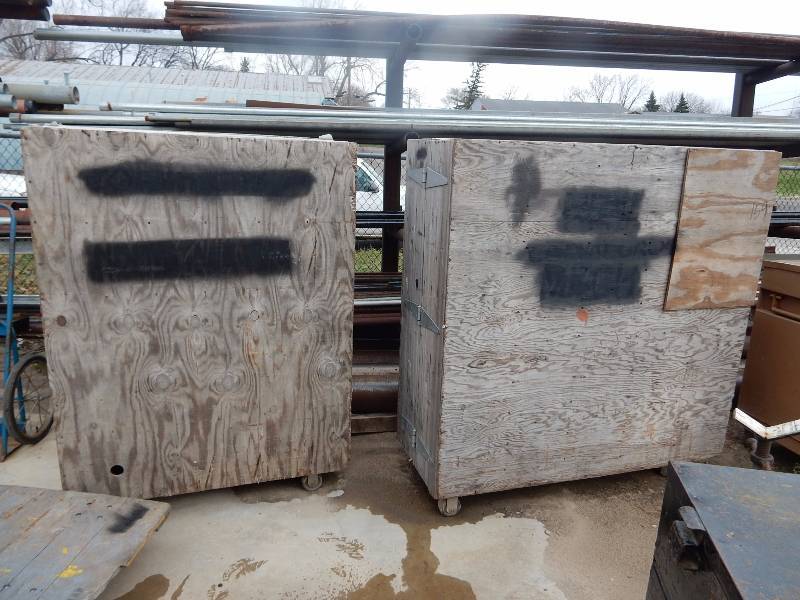 lot 159 image: 2 wood upright storage units. Swing open