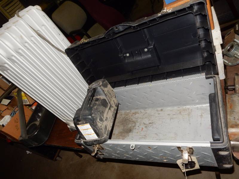lot 212 image: Honeywell Heater, Campbell Hausman light and compressor, Tool box.