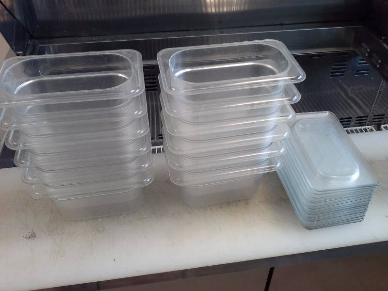 lot 44 image: Lot of 12 NSF Plastic Pans with 17 Lids