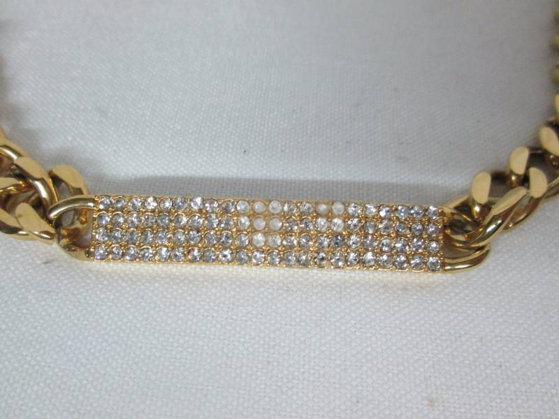 Goldtone Steel Crystal ID Curb Necklace & Bracelet