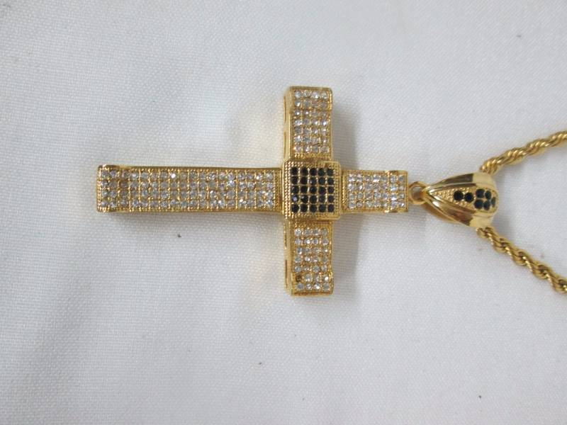 Stainless Steel Mens Goldtone Cross & Ring Set