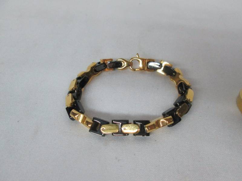Mens Black & Goldtone Bracelet & Ring Set