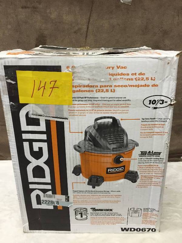 lot 147 image: Ridgid WD0670 WetDry vacuum tested works