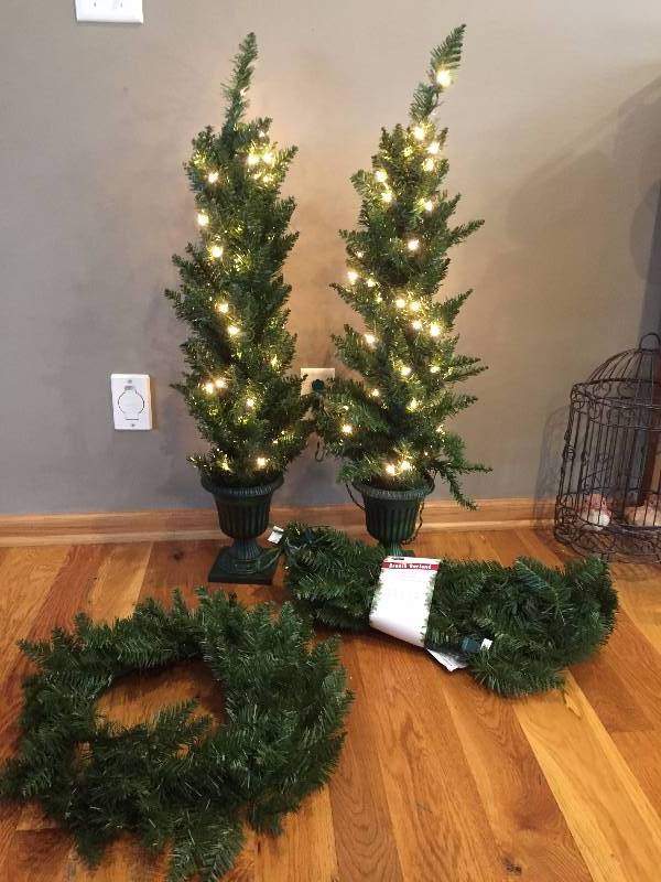Lot of Christmas Wreath, Lighted Garland and Lighted Potted Trees