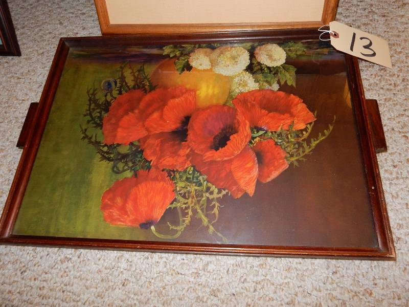 Floral Serving Tray.. Poppys  Cruel picture. .Cabin by the stream in winter