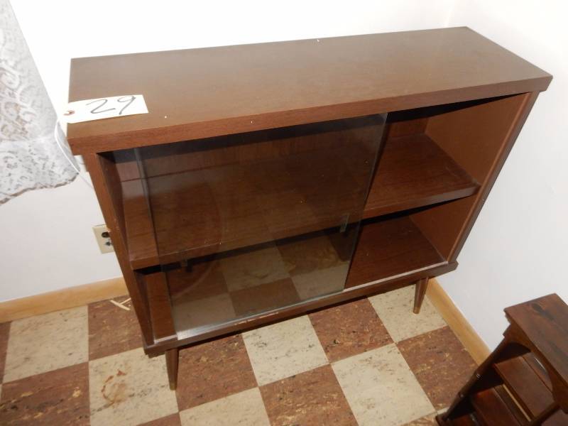 Mid Mod style Shelf.. 36in x 11in x 34in. Glass sliding doors
