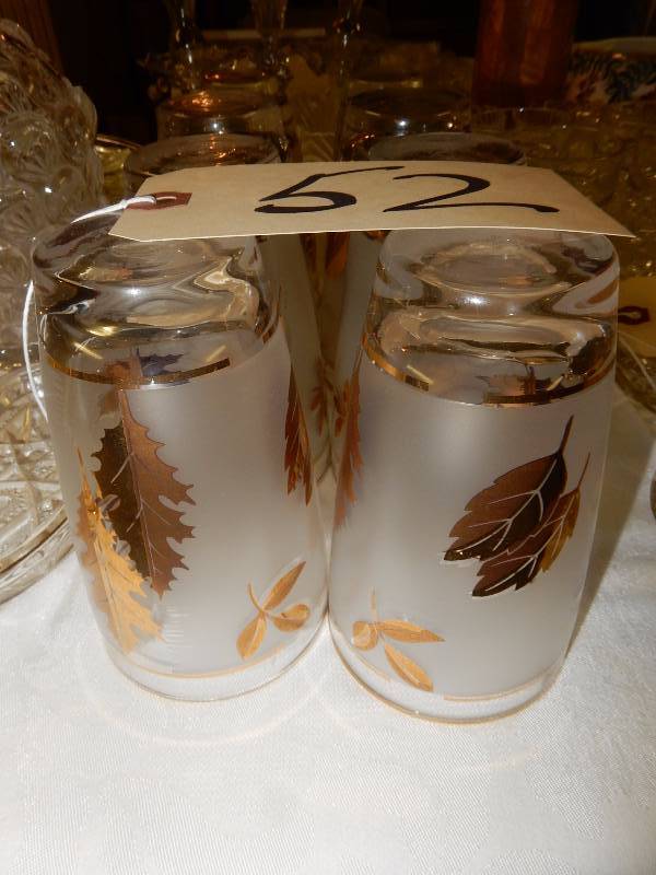 10 Drinking Glasses with Gold etch trim.  Leaf Dcor