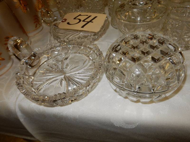 10 Cut glass drinking glasses (smaller)  2, Cut glass handled serving dishes  2 Sets of Cream and Sugars  2 Small Covered dishbowls.. Either candy, sugar, trinkets.. Whatever.