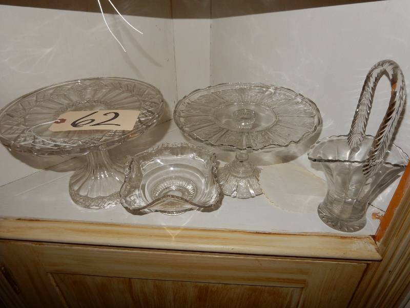 2 Pedestal Cake plates, one bowl with tufted edge, Glass Basket