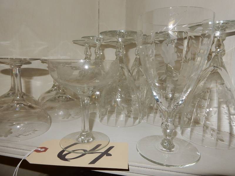 Crystal. 6 Champagne glasses, 8 water glasses.. All match with Floral Etched glass design.  Bring your own packaging material