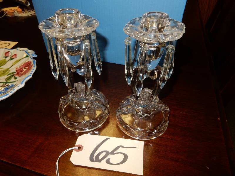 2 Glass Candelabra with dangling crystals