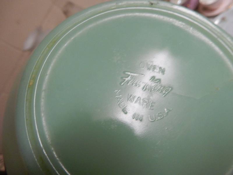 Fire King Green Glass measuring cup  Blue Bowl and Blue Relish Dish.