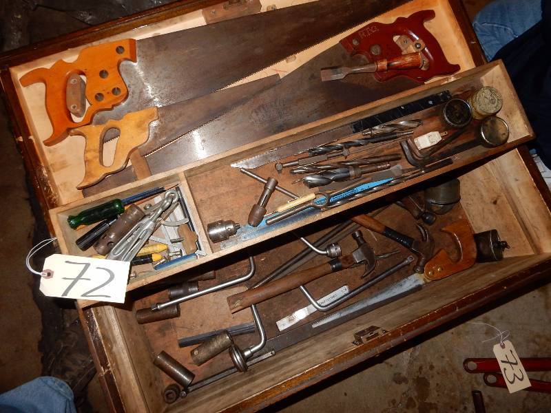 Old Fashion Wood Toolbox.. Tools shown included.. Dim  32in x 18 in x 18 in h.. On wheels.. Nice shape for its age.