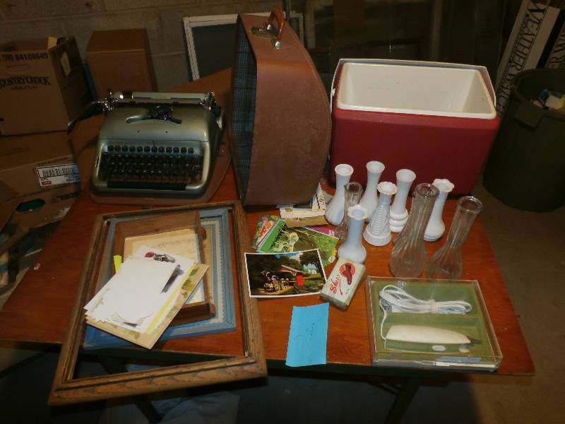 type writer,wooden box,cooler,frames,etc.