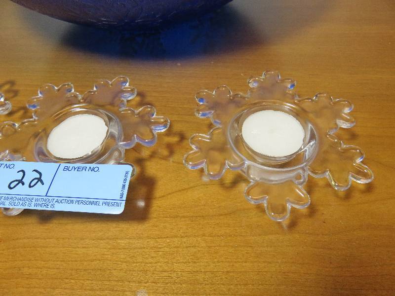 lot 22 image: Large Blue Glass Snowflake Bowl and Three Glass Snowflake Candle Holders