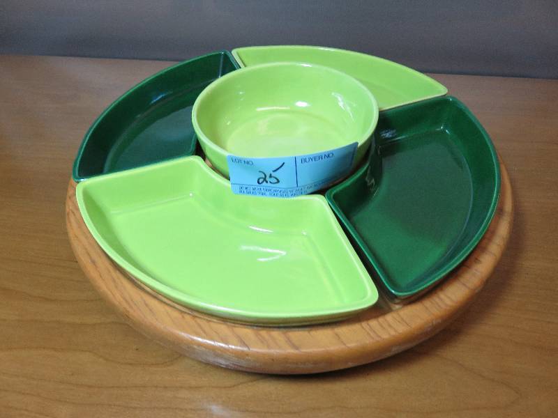 lot 25 image: Wooden Lazy Susan wCeramic Green Dishes