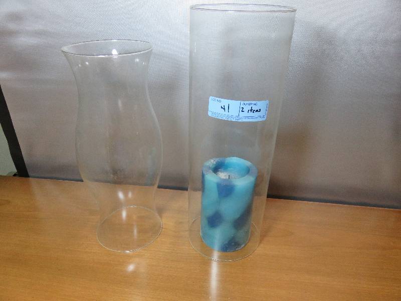 lot 41 image: Two Large Glass Hurricane Candle Holders