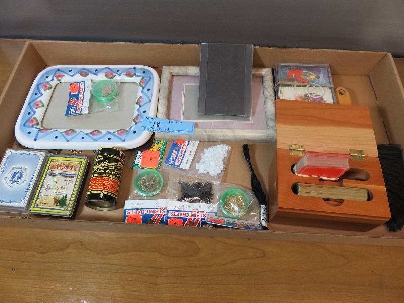 lot 78 image: Lot of Picture Frames, Wooden Card Box Holder, & Craft Supplies