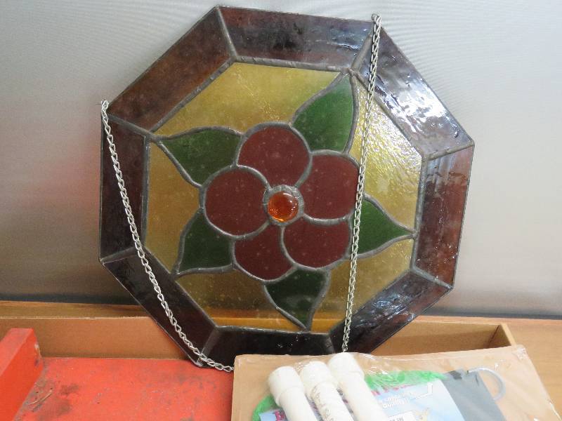 lot 98 image: Stained Glass Hanging Decoration, Gardening Kit, Tire Blocks