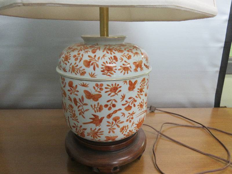 lot 146 image: Lamp wWood Base and Orange Decoration