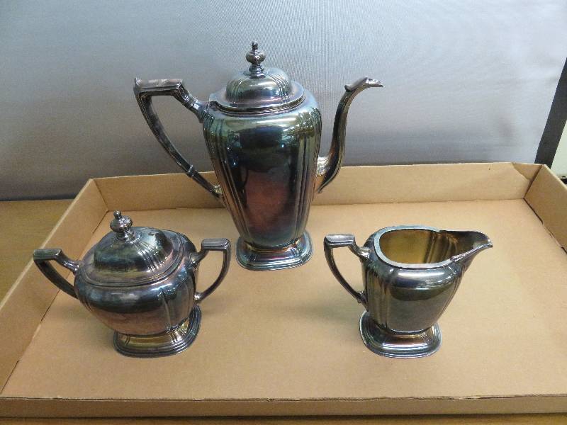 lot 337 image: Silver Plated Coffee Pot & Creamer & Sugar
