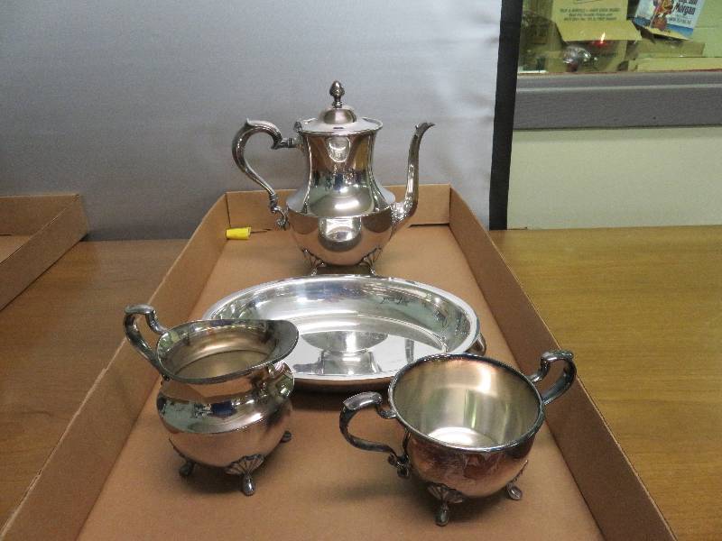 lot 338 image: Silver Plated Cofee Pot (one Broken Foot) Creamer & Sugar Bowl