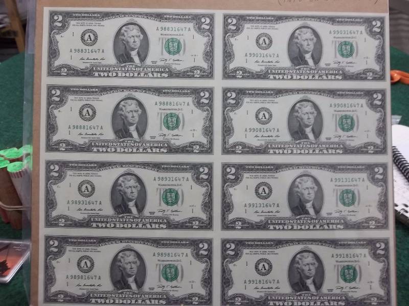 Uncut Sheet Of 2009 Series $2 Notes (Information Data On Rear)