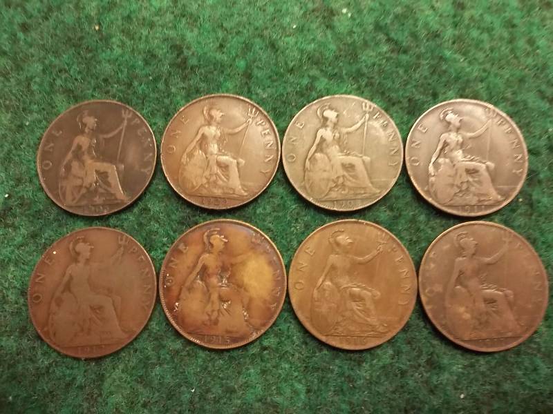 8 Different British Pennies 1905, 1908, 1911, 1912, 1915, 1916, 1917, 1920