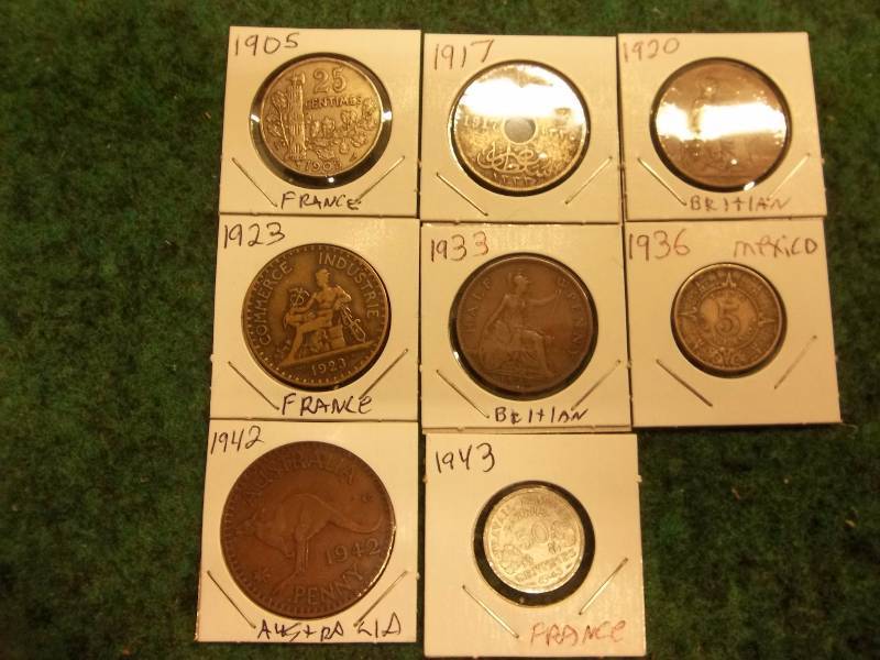 8 Different Vintage Foreign Coins 1905-1943 (France, Great Britain, Mexico, Austria)