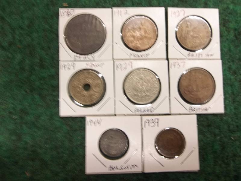 8 Different Vintage Foreign Coins 1867-1944 Italy, (France Great Britain, Poland, Belgium, Mexico)