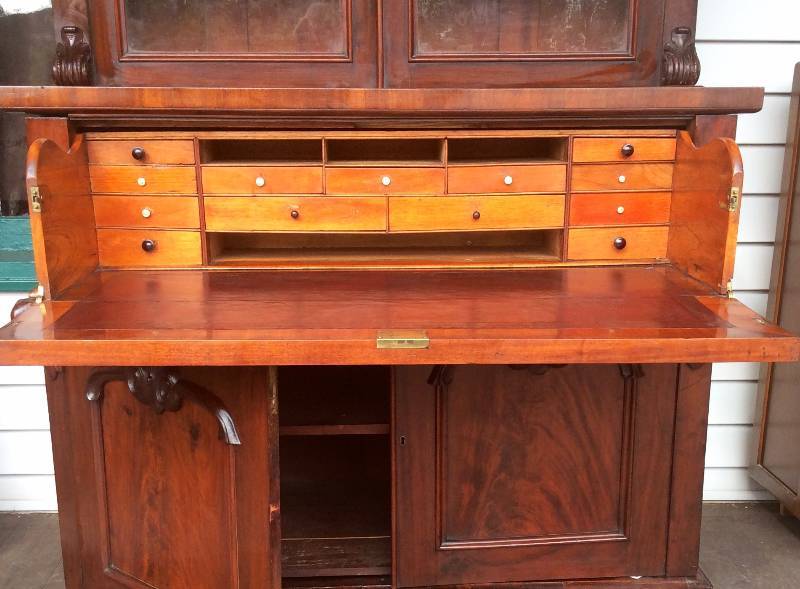 lot 41 image: Victorian Mahogany & Walnut Carved Secretary Desk and Bookcase
