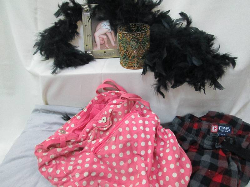 Bag, sweats, feather scarf, picture...