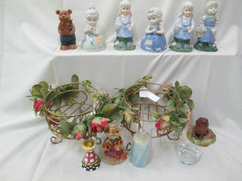10 misc figurines, 2 metal fruit ho...