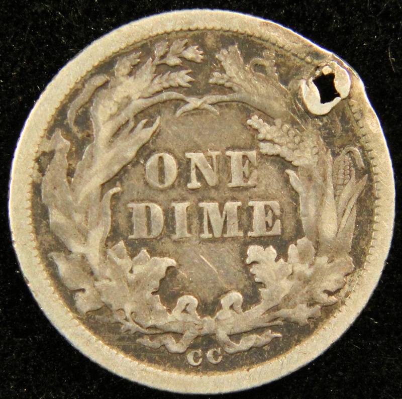1876 CC SEATED LIBERTY DIME FINE DETAILS HOLED