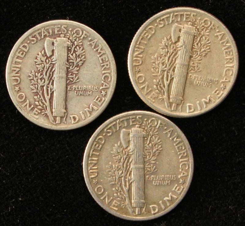 GROUP OF 3 SILVER MERCURY DIMES F-VF DETAILS