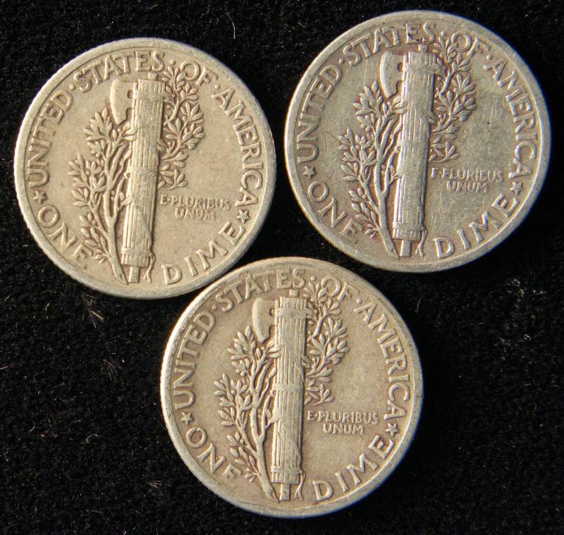 GROUP OF 3 SILVER MERCURY DIMES F-VF