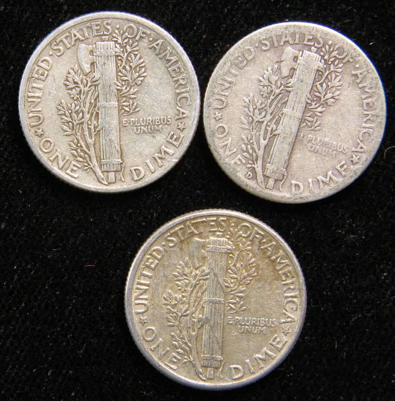 GROUP OF 3 SILVER MERCURY DIMES F-XF