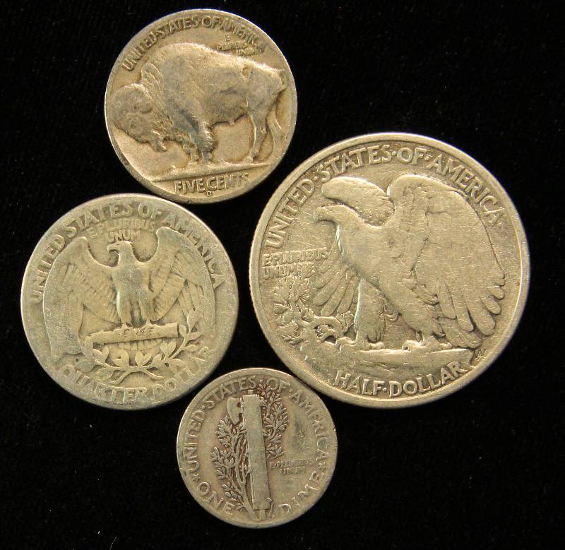 1936 SET OF 4 COINS - WALKING LIBERTY 50C, WASHINGTON 25C, MERCURY 10C, BUFFALO 5C
