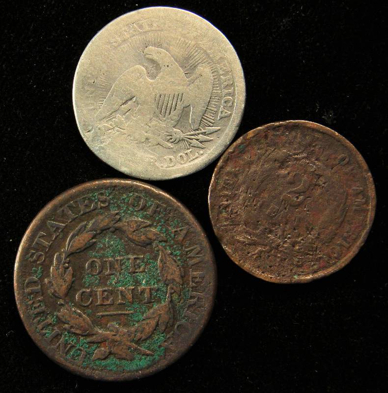 GROUP OF 3 COINS AS PICTURED-1853 SILVER 25C, 1864 2C PIECE, 1826 LARGE CENT