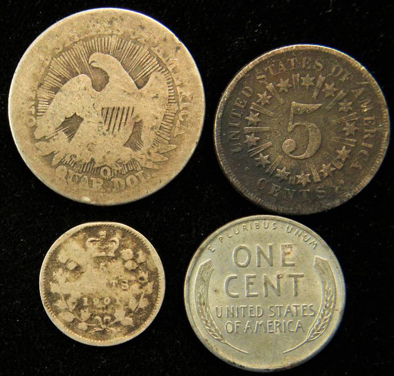 GROUP OF 4 COINS AS PICTURED-1853-o SILVER 25C, 1866 5C, 1943-D WAR CENT, 1901 SILVER CANADA 5C