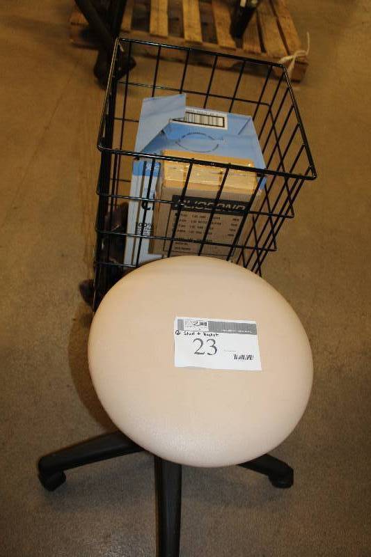 lot 23 image: Stool (1) on Wheels and Black Wire Basket (1)