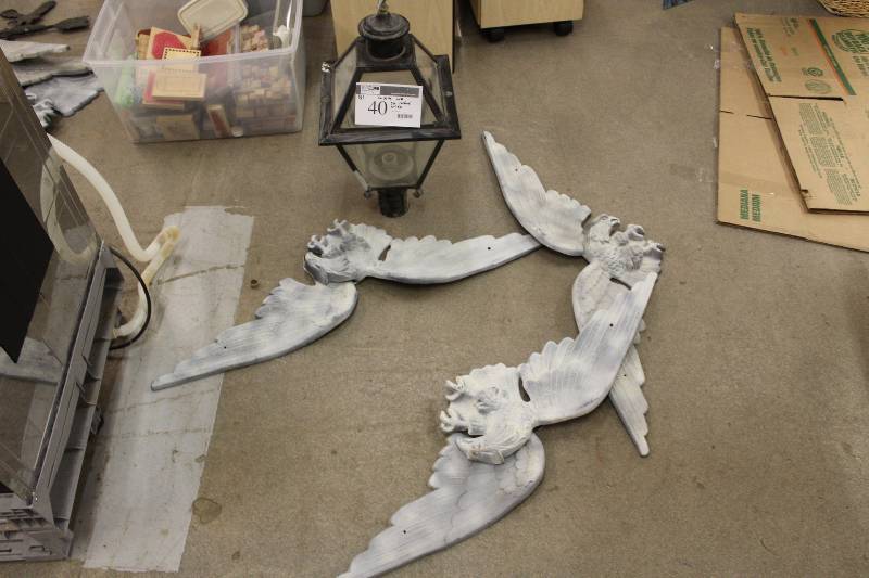 lot 40 image: Black Outdoor Post Light (1) and Large Eagle Artistic Appliques (3), Eagles are 36 wide